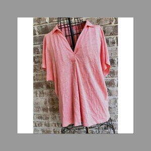 Chicos Top Size 1 Medium Linen Tangerine V Neck Pullover Collared Casual READ